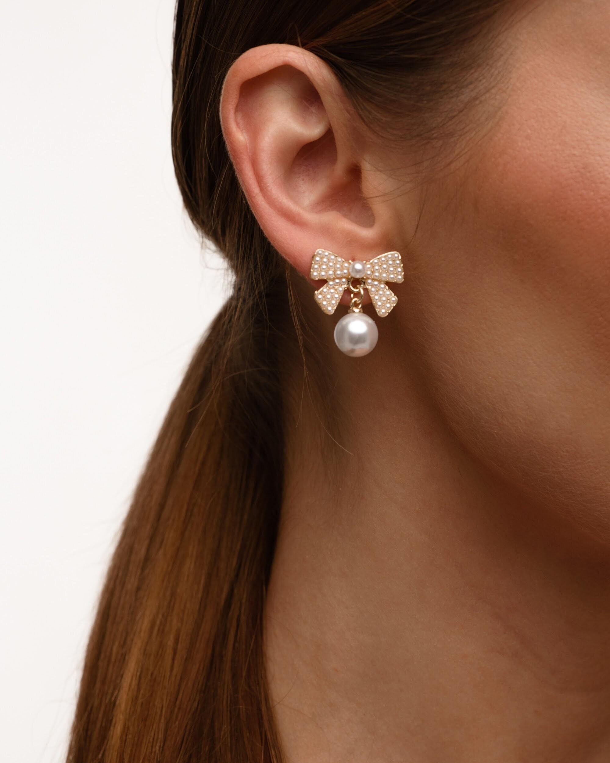 Bow Pearl Stud Earrings Bridesmaids Gift Cute Elegant Jewelry for Women  Silver Needle Minimalist Earrings 