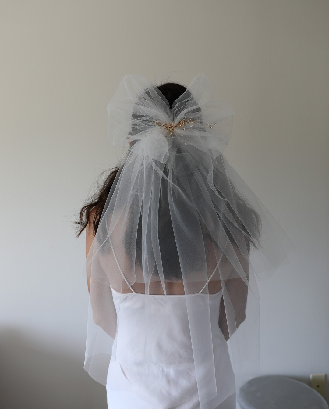 Bridal Hair Bow Wedding Veil White Bow Bridal Short Veil Etsy