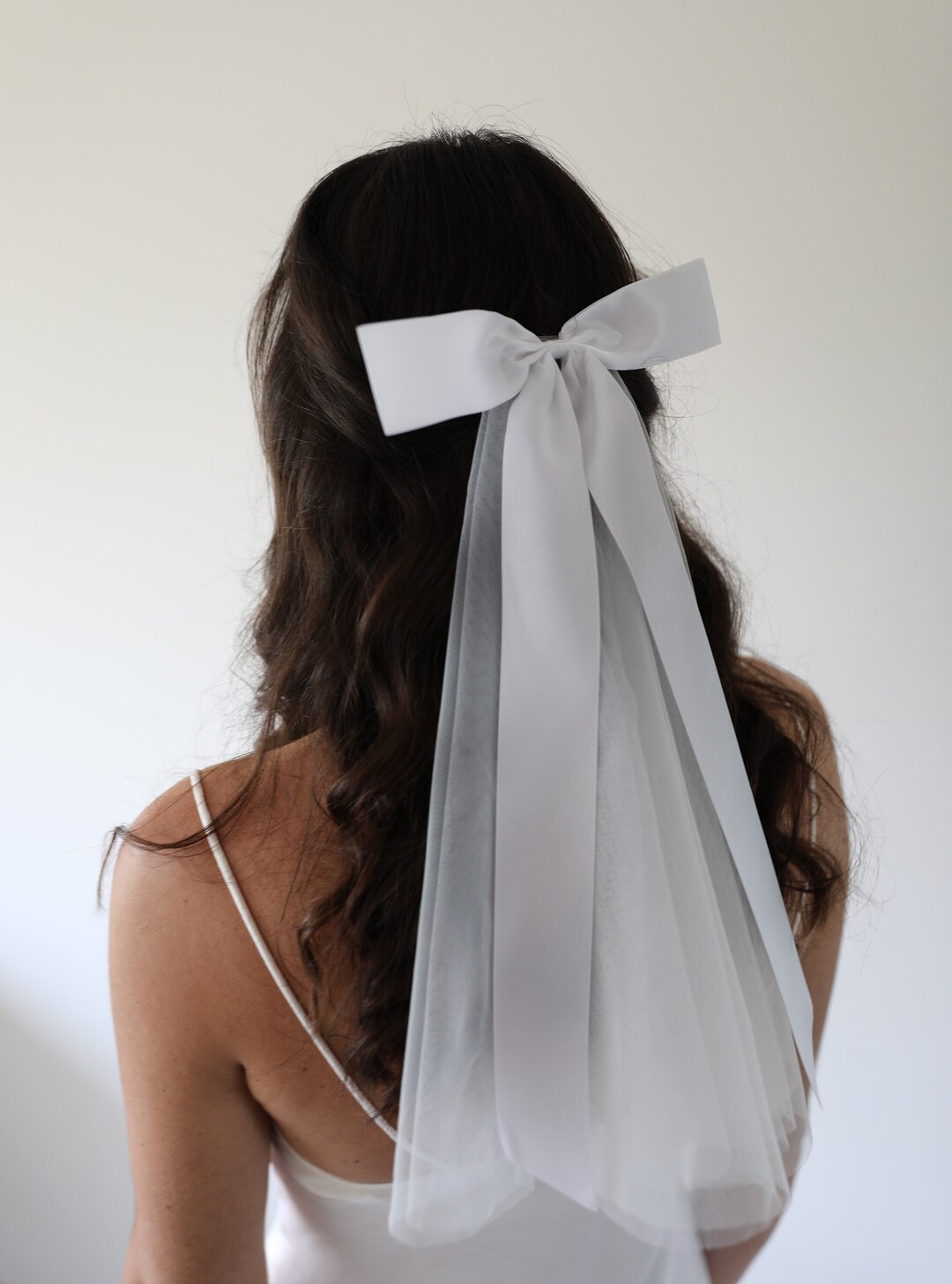 Bridal Hair Bow, Wedding Veil, White Bow, Bridal Short Veil, Bow Hair