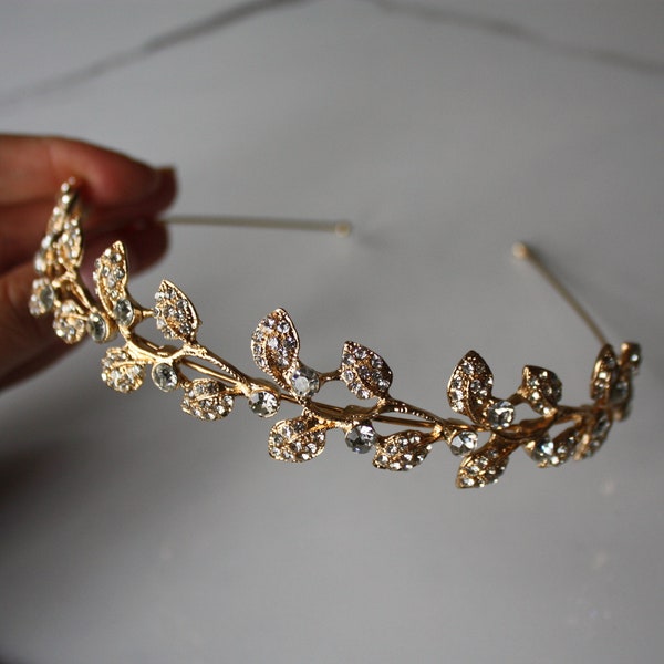 Bandeau de feuilles d’or, couronne de diadème de mariée, bandeau de mariée, bandeau de mariage, bandeau en cristal d’or, bandeau en strass, couronne de feuilles d’or