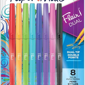 May include: A package of eight Paper Mate Flair Dual felt tip pens. The pens are in a variety of colors, including red, orange, green, blue, purple, pink, and black. The packaging includes the text "Flair!" and "Dual Tip Double Pointe".