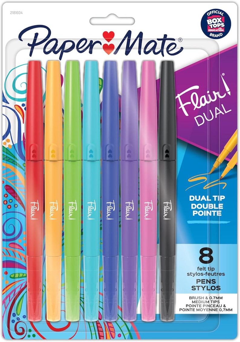 May include: A package of eight Paper Mate Flair Dual felt tip pens. The pens are in a variety of colors, including red, orange, green, blue, purple, pink, and black. The packaging includes the text "Flair!" and "Dual Tip Double Pointe".