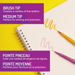 May include: A white spiral-bound notebook with yellow and purple text boxes. The text boxes read "BRUSH TIP Creates a variety of line widths" and "MEDIUM TIP Perfect for writing and precision." Two pens, one yellow and one purple, are shown with their tips creating lines on the paper.