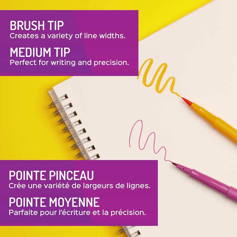 May include: A white spiral-bound notebook with yellow and purple text boxes. The text boxes read "BRUSH TIP Creates a variety of line widths" and "MEDIUM TIP Perfect for writing and precision." Two pens, one yellow and one purple, are shown with their tips creating lines on the paper.