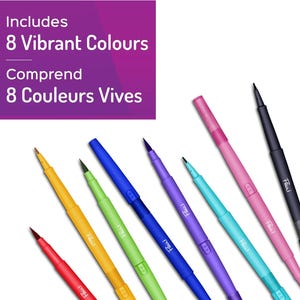 May include: An assortment of eight vibrant colored dual-tip pens. The pens are in various colors, including red, yellow, green, blue, purple, pink, teal, and black. The text "Includes 8 Vibrant Colours" is displayed in the upper left corner.
