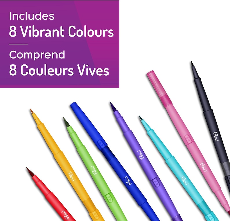 May include: An assortment of eight vibrant colored dual-tip pens. The pens are in various colors, including red, yellow, green, blue, purple, pink, teal, and black. The text "Includes 8 Vibrant Colours" is displayed in the upper left corner.