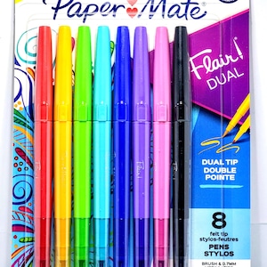 May include: A pack of eight Paper Mate Flair! Dual felt tip pens in a rainbow of colors. The pens have a dual tip design and come in red, yellow, green, teal, blue, purple, pink, and black. The packaging includes the text "Flair! Dual".