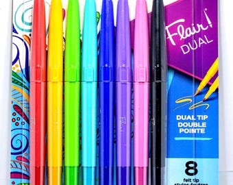8pk Legendary Felt Tip PAPER MATE FLAIR Dual-Tip Multi Color Ink Double Pointe Pens Smear Resistant Brush Like On One Side, Point Other Side