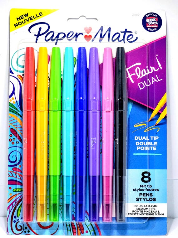 8pk Legendary Felt Tip PAPER MATE FLAIR Dual-Tip Multi Color Ink Double Pointe Pens Smear Resistant Brush Like On One Side, Point Other Side