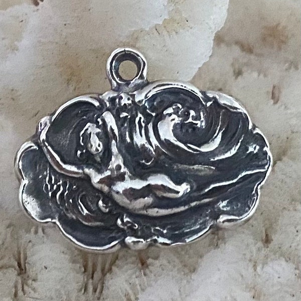 Swimming mermaid/nymph, sterling Unger Bros design, small pendant from cuff link, Art Nouveau style,