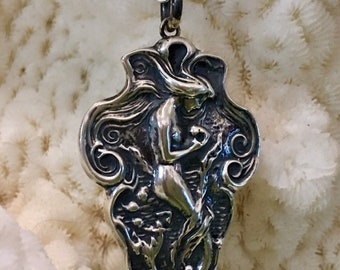 Arielle, Sterling Silver mermaid, Art Nouveau Mermaid, mermaid pendant/fob, repousee figural siren, Sirena, jewelry, mermaid jewelry,