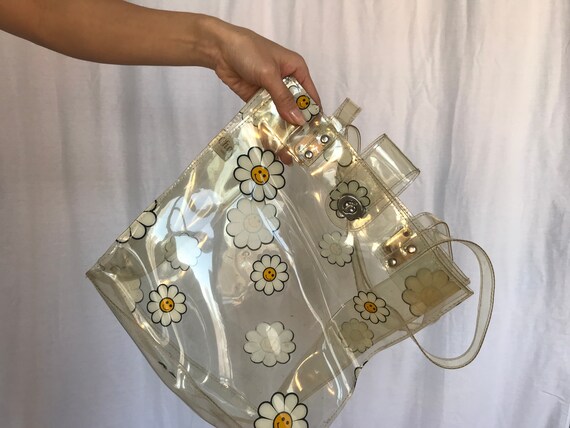 Vintage Clear Vinyl Daisy Print Shoulder Tote Bag - image 4