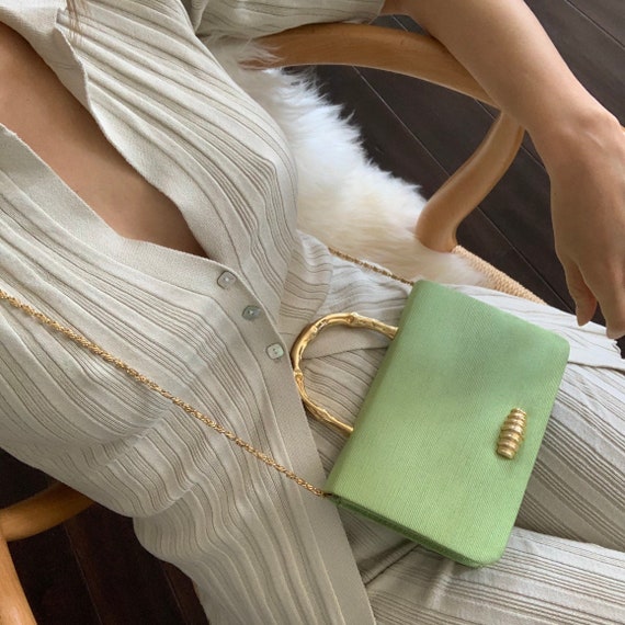 Vtg Lime Green Satin Top Handle Bag w/ Golden Bamb