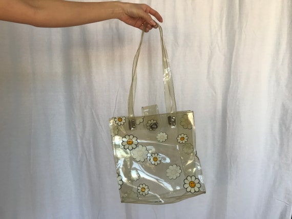 Vintage Clear Vinyl Daisy Print Shoulder Tote Bag - image 1