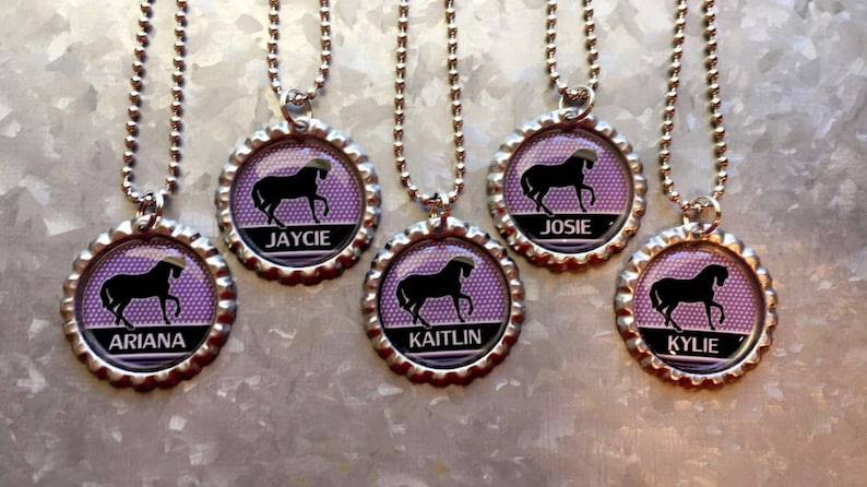 12 Personalized Horse party favors,Girls Horse birthday,Horse necklace party favors,Purple horse party,Purple horse,Custom horse favors
