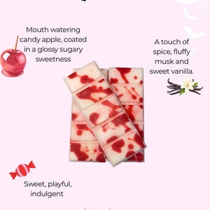 May include: Two rectangular wax melts with a white base and red marbled swirls. The text reads Vampires Kiss, Mouth watering candy apple, coated in a glossy sugary sweetness, A touch of spice, fluffy musk and sweet vanilla, Sweet, playful, indulgent, Bella Boo's Wicks & Wax.