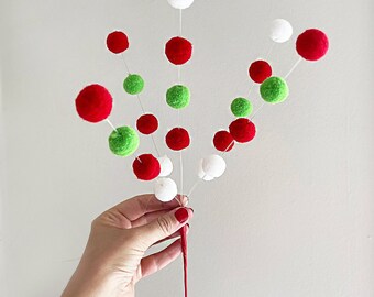 christmas picks and sprays, pom cluster, red green and white, decor for tree, holiday floral stems, DIY crafts, whimsical ugly sweater party