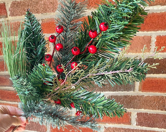 Large Christmas Greenery Stems, Fir Tree Spray, Red Berries, Christmas Picks, Pine Branches, Fir