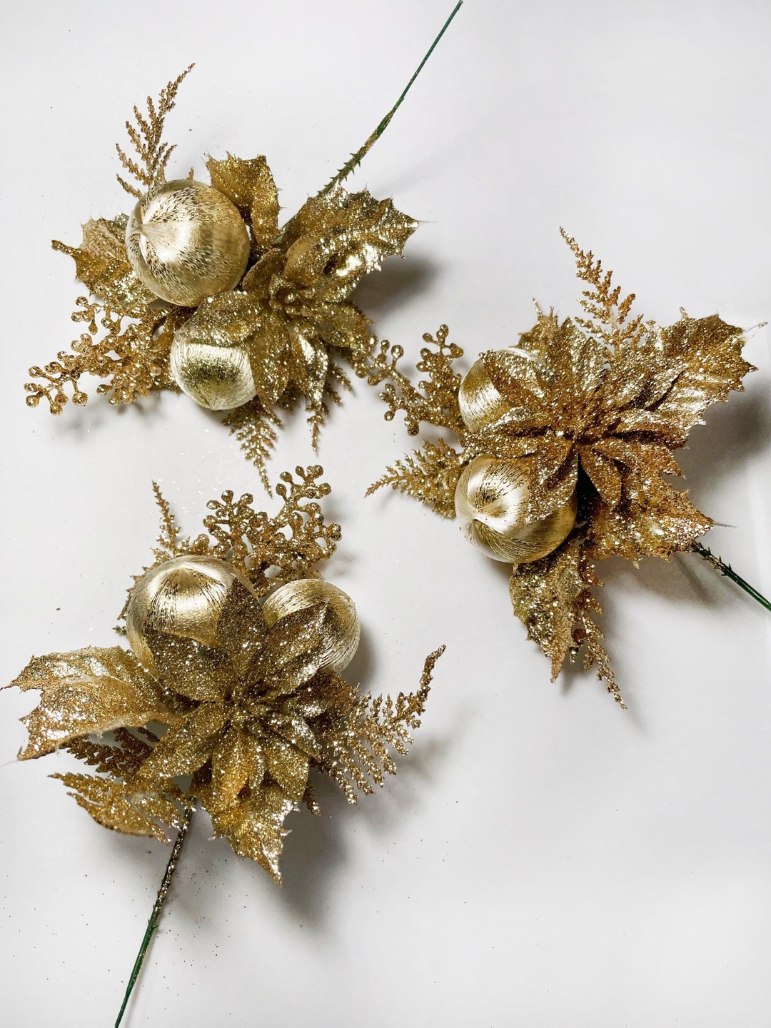 3 Small Gold Glitter Christmas Picks, Tree Ornaments, Poinsettia Flower ...