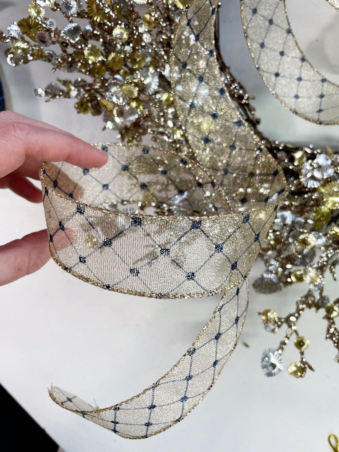 1.5 Wired Gold and Navy Christmas Ribbon Metallic Gold Etsy