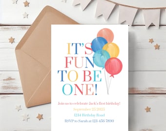 Invitación de primer cumpleaños: Es divertido ser uno Plantilla editable Descarga digital