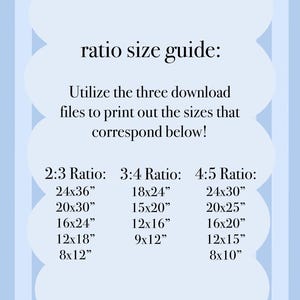 May include: A light blue and white poster with a ratio size guide. The guide lists print sizes in inches for 2:3, 3:4, and 4:5 ratios, including 24x36, 20x30, 16x24, 12x18, and 8x12.