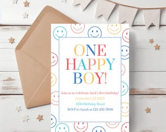First Birthday Invitation: One Happy Boy Editable Template Digital Download