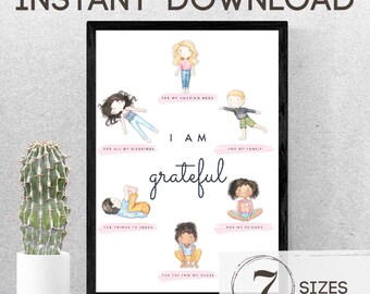 Gratitude Wall Art, Yoga Printable, Calm Down Poster, Kids' Room Decor, Yoga Flow Print, Grateful Children's Sign, Thankful Instant Download
