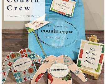 Cousin Crew Elf Kit with printable iron-on and elf-sized sweaters, signs, and props