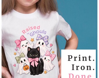Raised by Ghouls PNG, Girls Halloween iron-on, Cute Black Cat Ghost Shirt Design, Girly Bow Halloween Tee, Spooky Season Kids Craft