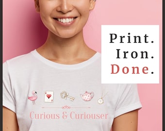 Curious & Curiouser Alice in Wonderland inspired t shirt design, iron on printable, PNG file