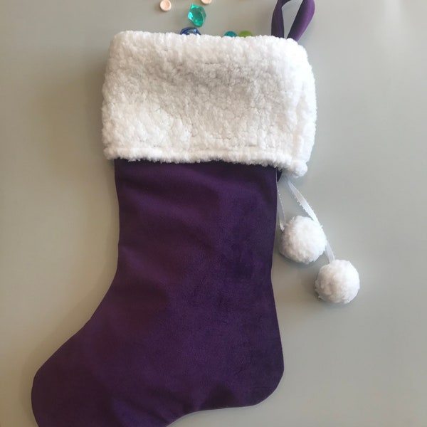 Purple Velvet Christmas Stocking | Purple and White Holiday Stocking