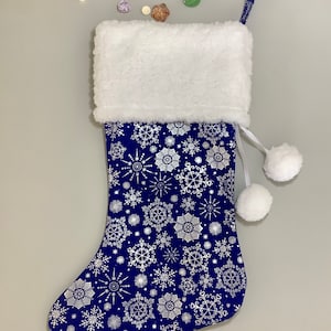 Navy Snow Flurry Metallic Christmas Stocking | Navy and White Snowflake Stocking
