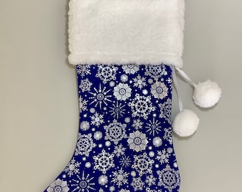 Navy Snow Flurry Metallic Christmas Stocking | Navy and White Snowflake Stocking