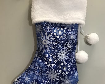 Navy Shimmery Christmas Stocking | White Snowflakes Stocking