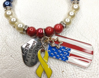 Military bracelet, Patriotic bracelet, veterans bracelet, memorial day bracelet, yellow ribbon, Military hero bracelet, red white and blue