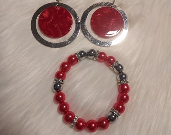 Medallion earrings, statement earrings, red earrings set, red bracelet, red and silver, fashion earrings, round earrings, red earrings set