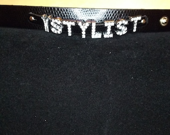 Stylist wristband, bling wristband, rhinestone wristband, faux leather wristband, snap wristband, hairstylist wristband, black wristband