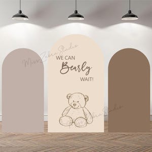 Sfondo fotografico personalizzato con copertura ad arco bifacciale, sfondo fotografico marrone We Can Bearly Wait, sfondo personalizzato per feste di compleanno