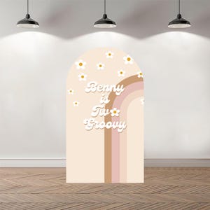 Toile de fond photo personnalisée recto-verso en arc de cercle, fleur de marguerite personnalisée, photographie arc-en-ciel, fond de fête d'anniversaire groovy personnalisé