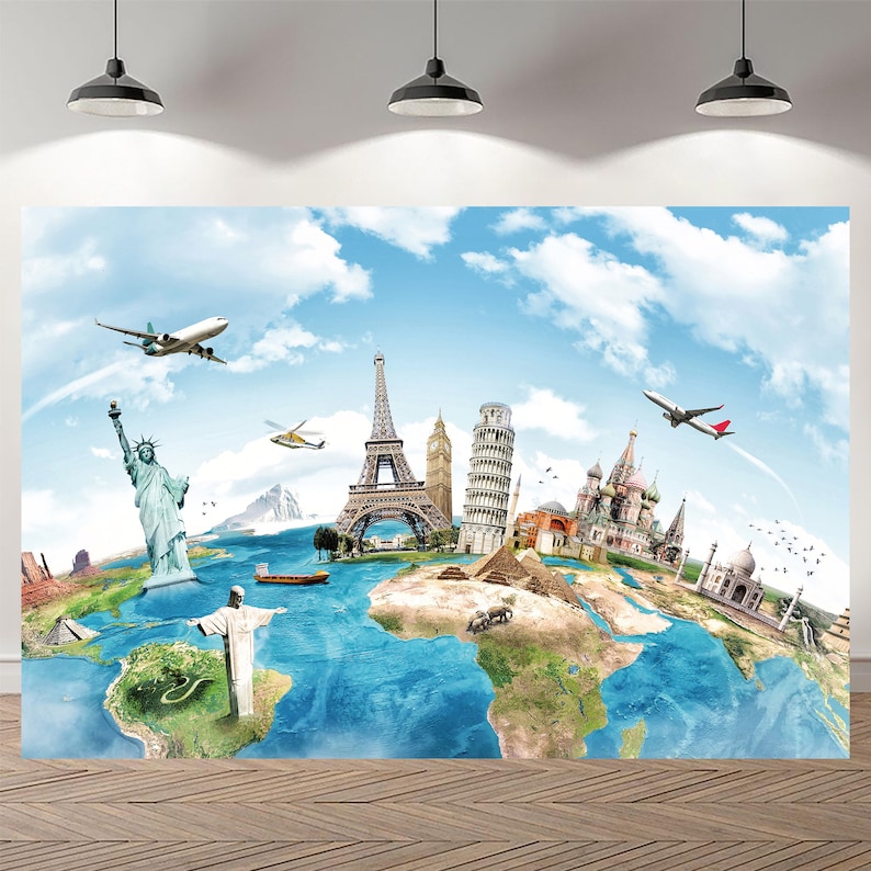 Global Travel Photo Backdrop Around the World Map Backdrop Baby Shower ...