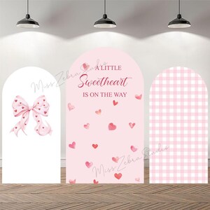 Può includere: Tre fondali ad arco rosa e bianco con un motivo a quadri rosa e bianco, un fondo rosa con cuori rosa e il testo "A Little Sweetheart Is On The Way", e un fondo bianco con un fiocco rosa con cuori rosa.