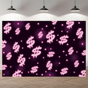 Peut inclure: Un fond noir avec un motif répétitif de signes dollar roses. Les signes dollar sont de tailles et d'orientations variées.