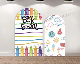 May include: Two arched backdrops with a school theme. One backdrop has the text "Back to School" with colorful crayons and horizontal stripes. The other backdrop has summer-themed illustrations, including a watermelon, ice cream, and a seagull.