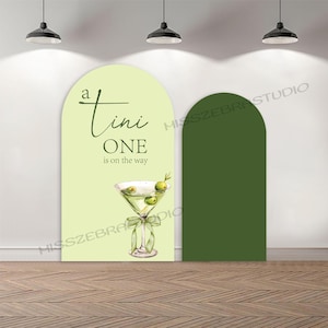 Fondo fotográfico personalizado con arco de doble cara para fotografía de "A Tini One Is On The Way", fondo para fiesta de baby shower con martini de oliva