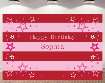 May include: Red and pink striped backdrop with white stars and the text "Happy Birthday Sophia".