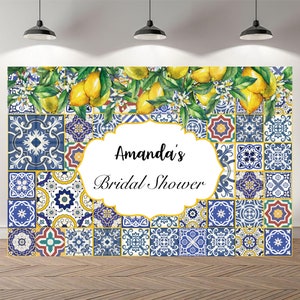 Tuscan Lemon Wedding Backdrop Blue Tile and Lemon Photography Country Lemons Bridal Wedding or any event Background Photo Booth Banner