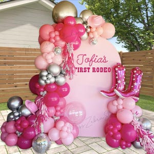 Sfondo fotografico personalizzato con copertura ad arco bifacciale, sfondo fotografico personalizzato per il primo rodeo, sfondo personalizzato per la festa di compleanno di cowgirl rosa