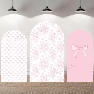 Cenário de cobertura de arco dupla face personalizado, laços rosas personalizados, florais, fotografia de chá de bebê, festa de aniversário personalizada, fundo de noiva