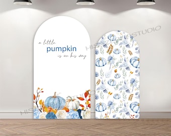 May include: Two white arched backdrops with fall-themed designs. One backdrop has the text "a little pumpkin is on his day" with blue pumpkins and floral accents. The other features a repeating pattern of blue pumpkins and flowers.